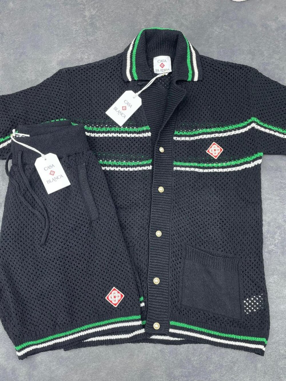 Casablanca Men's Black Knit Shirt & Shorts Set Green White Trim- Size Small